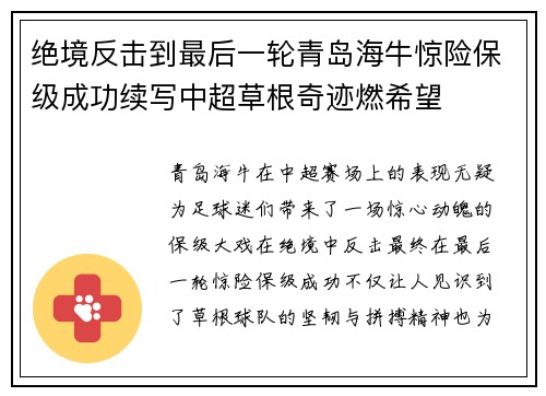 绝境反击到最后一轮青岛海牛惊险保级成功续写中超草根奇迹燃希望